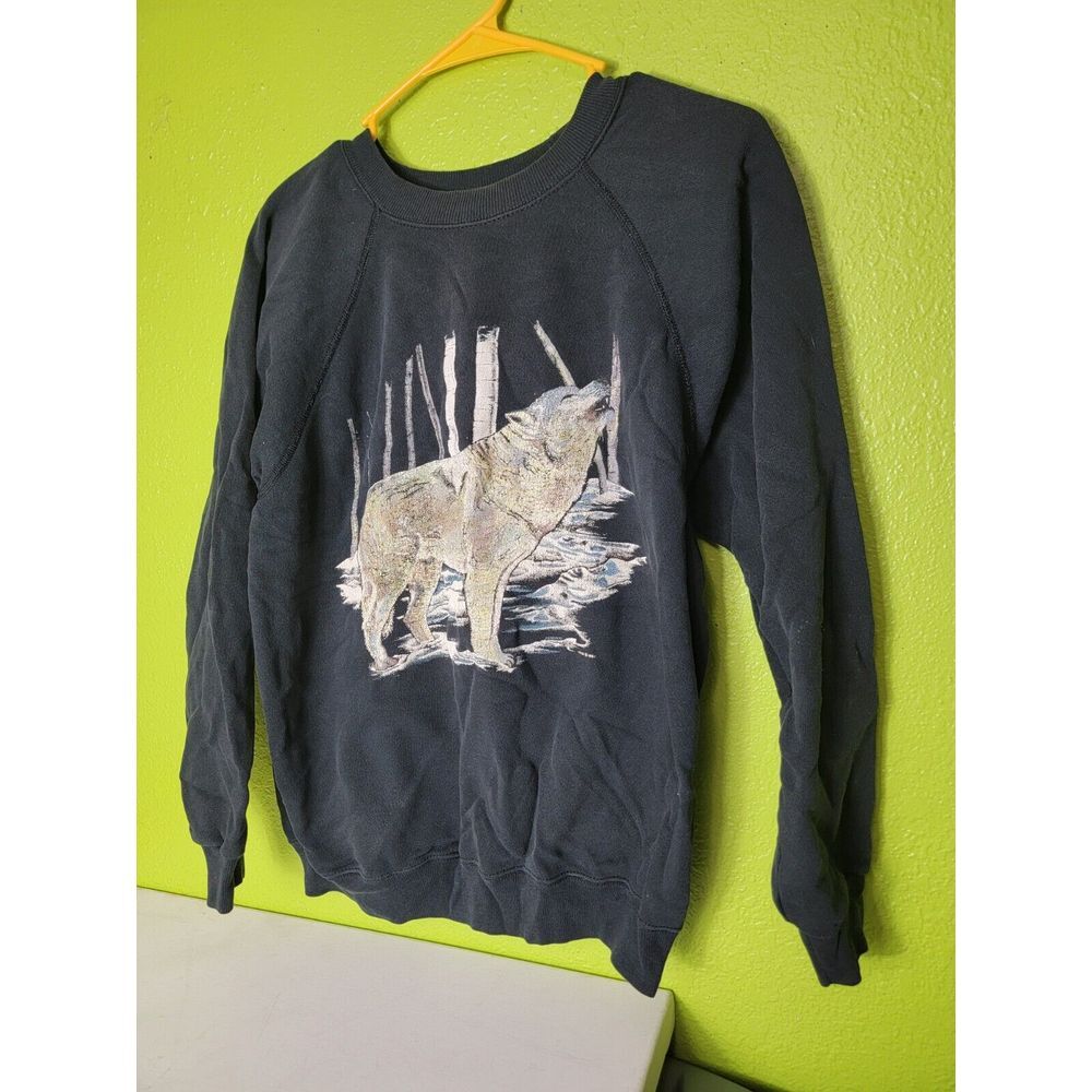 Hanes 50/50 Crewneck Sweater Howling Wolf 1991 Graphic Vintage 90s Black